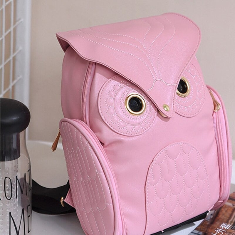 Zaino da donna in pelle PU con stampa a forma di gufo e tasche multiple