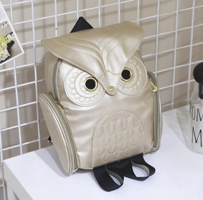 Zaino da donna in pelle PU con stampa a forma di gufo e tasche multiple