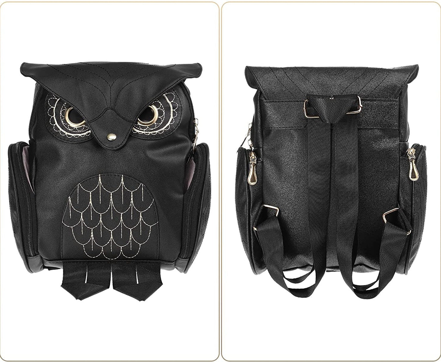 Zaino da donna in pelle PU con stampa a forma di gufo e tasche multiple