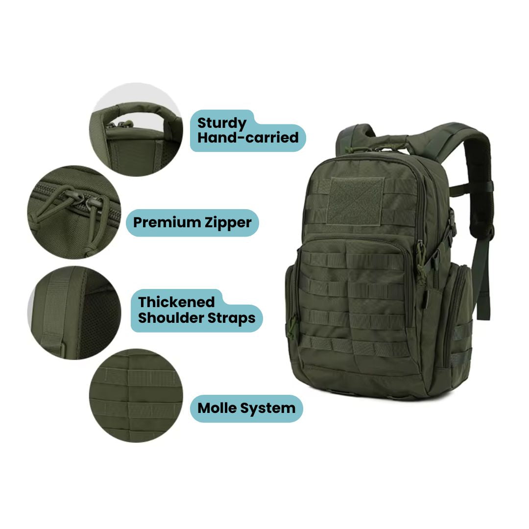 Zaino tattico 25 l - Impermeabile 600D - Sistema MOLLE e scomparto per sacca idrica - Verde, nero e kaki