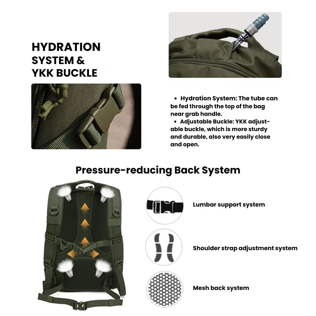 Zaino tattico 25 l - Impermeabile 600D - Sistema MOLLE e scomparto per sacca idrica - Verde, nero e kaki